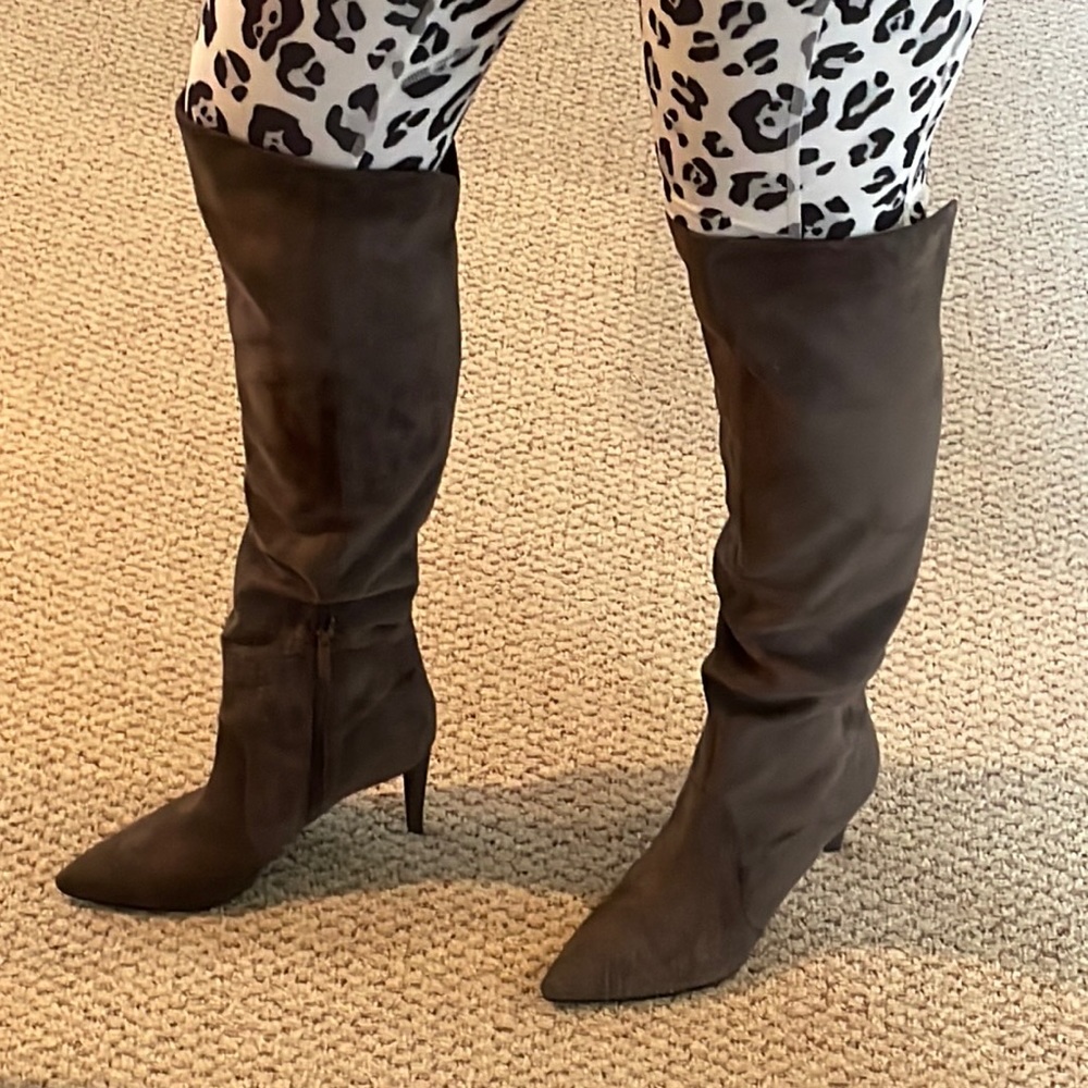 Kendall and Kylie gray faux suede heeled knee high boots